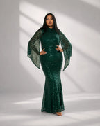 Women’s Apricot Glamorous Sequin Polyester Blend High Neck Bell Sleeve Regular Mermaid Maxi Prom Dress