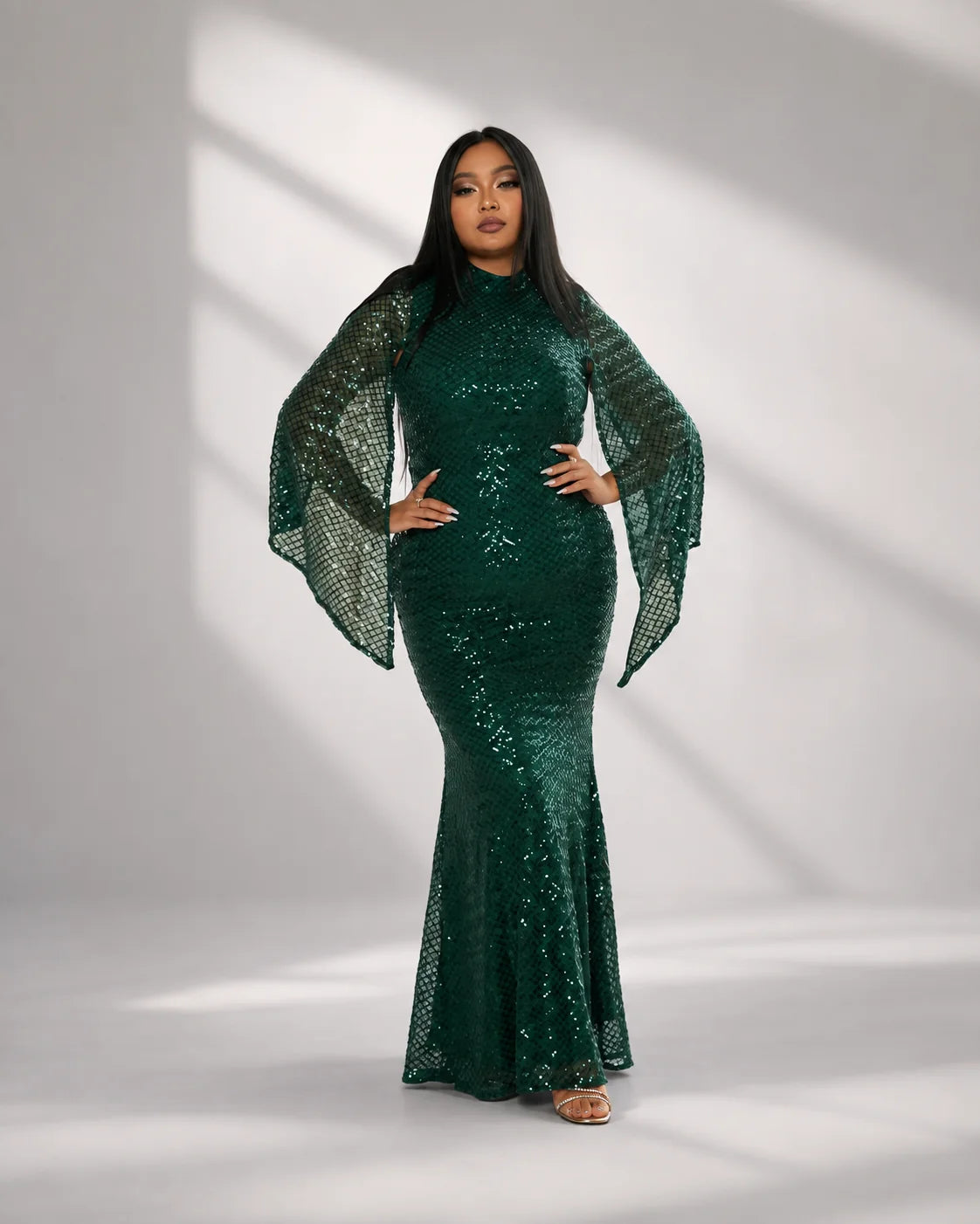 Women’s Apricot Glamorous Sequin Polyester Blend High Neck Bell Sleeve Regular Mermaid Maxi Prom Dress