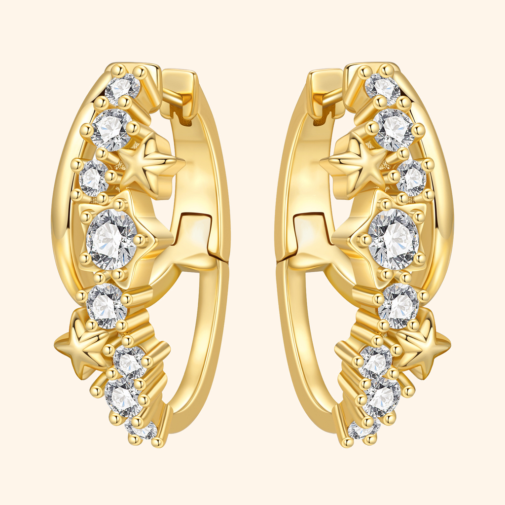 Gold Star & Cubic Zirconia Huggie Hoop Earrings
