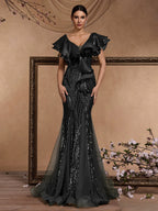 Women’s Olive Green Elegant Sequin V-Neck Short Ruffle Sleeve Mermaid Maxi Dress with Cascading Ruffle Detail