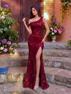 Women's Romantic Burgundy Floral Embroidered One Shoulder Slit Mermaid Maxi Evening Dress