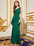 Women’s Emerald Green Elegant Sequin One Shoulder Sleeveless Mermaid Maxi Dress with Asymmetric Ruffle and Colorblock Detail