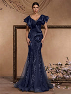 Women’s Olive Green Elegant Sequin V-Neck Short Ruffle Sleeve Mermaid Maxi Dress with Cascading Ruffle Detail