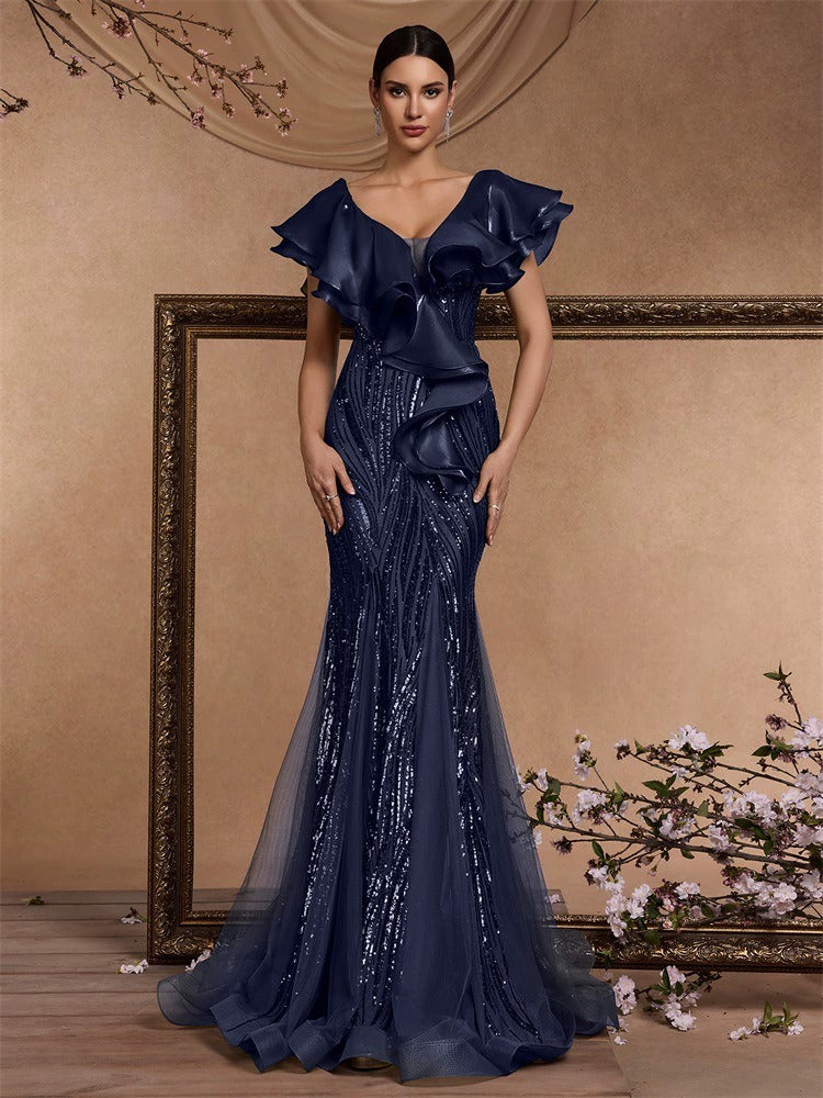 Women’s Olive Green Elegant Sequin V-Neck Short Ruffle Sleeve Mermaid Maxi Dress with Cascading Ruffle Detail