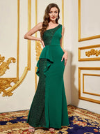 Women’s Emerald Green Elegant Sequin One Shoulder Sleeveless Mermaid Maxi Dress with Asymmetric Ruffle and Colorblock Detail
