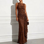 Women’s Emerald Green Elegant Sequin One Shoulder Sleeveless Mermaid Maxi Dress with Asymmetric Ruffle and Colorblock Detail