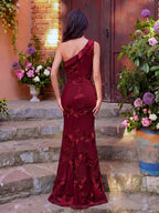 Women's Romantic Burgundy Floral Embroidered One Shoulder Slit Mermaid Maxi Evening Dress