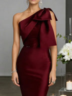 Women’s Burgundy Elegant Satin One Shoulder Sleeveless Mermaid Maxi Dress with Oversized Bow Detail