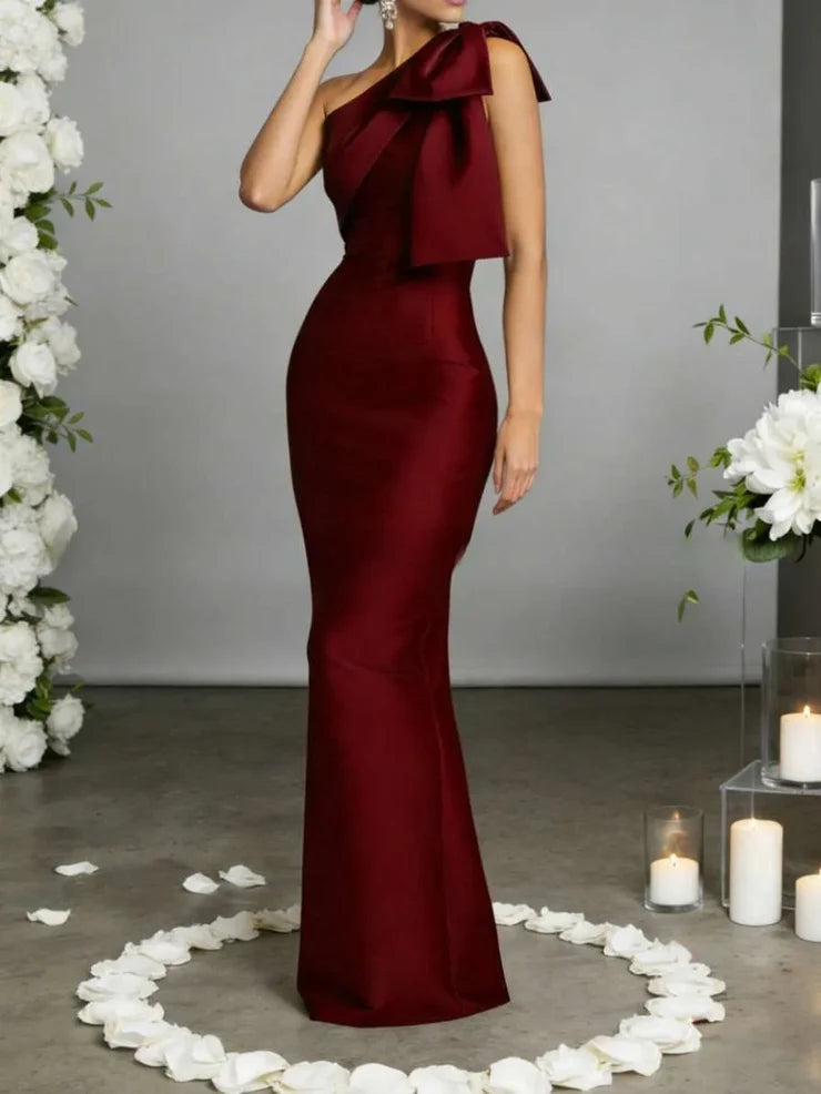 Women’s Burgundy Elegant Satin One Shoulder Sleeveless Mermaid Maxi Dress with Oversized Bow Detail