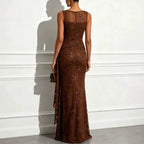 Women’s Emerald Green Elegant Sequin One Shoulder Sleeveless Mermaid Maxi Dress with Asymmetric Ruffle and Colorblock Detail