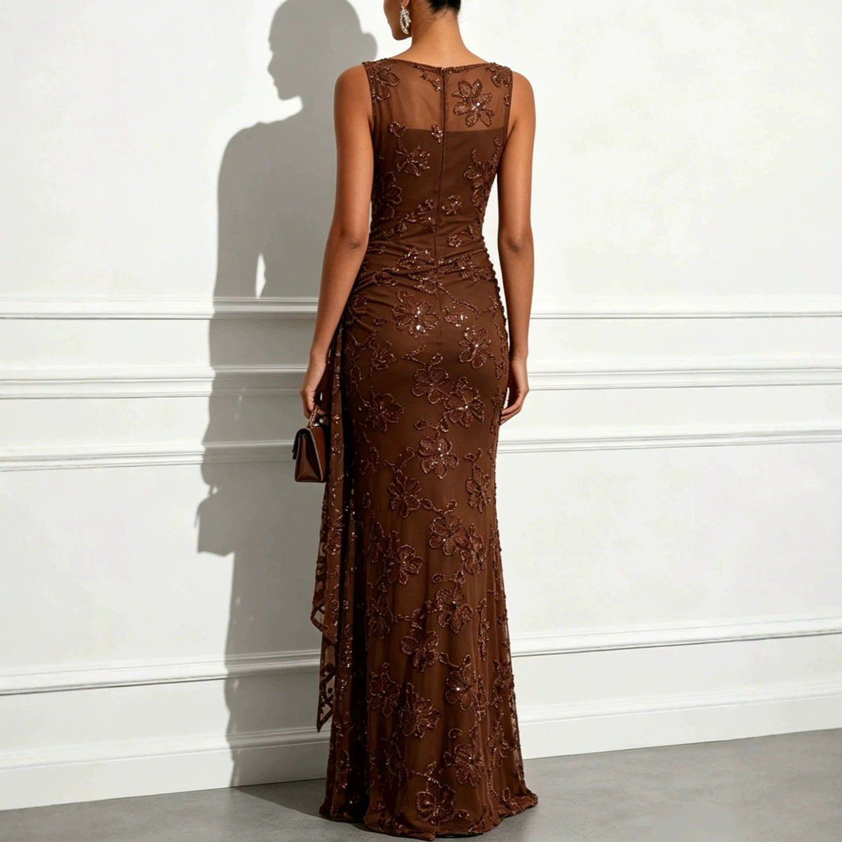 Women’s Emerald Green Elegant Sequin One Shoulder Sleeveless Mermaid Maxi Dress with Asymmetric Ruffle and Colorblock Detail