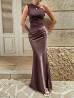 Women’s Purple Elegant Satin One Shoulder Sleeveless Column Maxi Dress with Draped Waist