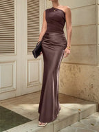 Women’s Purple Elegant Satin One Shoulder Sleeveless Column Maxi Dress with Draped Waist