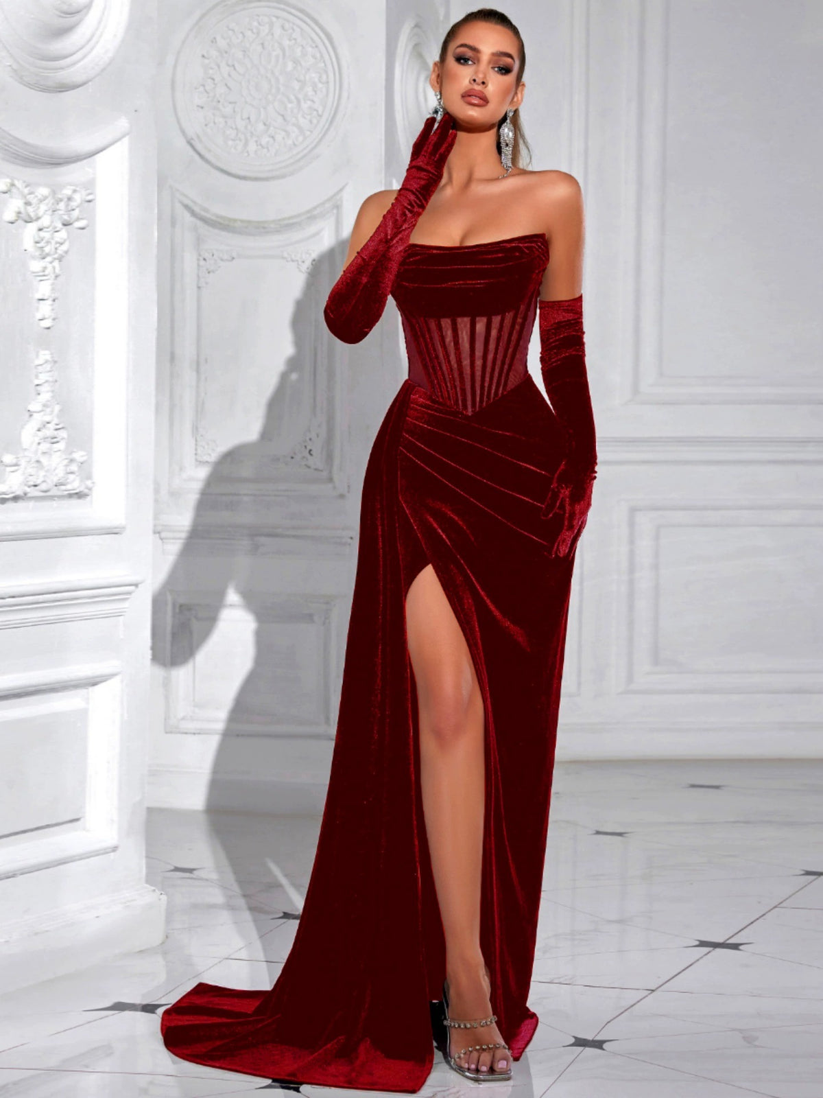 Women's Glamorous Black Strapless Velvet Sheer Corset High Slit Maxi Evening Dress