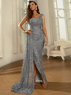 Women’s Wine Glamorous Sequin One-Shoulder Sleeveless Regular Maxi Dress with Draped Detail and Side Slit