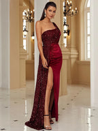 Women’s Black Glamorous Velvet Sequin One-Shoulder Sleeveless Regular Maxi Prom Dress with High Slit