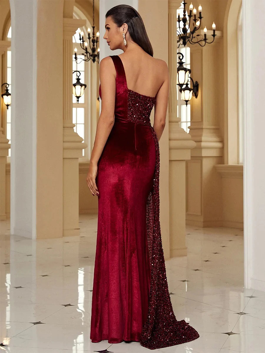 Women’s Black Glamorous Velvet Sequin One-Shoulder Sleeveless Regular Maxi Prom Dress with High Slit