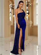 Women’s Black Glamorous Velvet Sequin One-Shoulder Sleeveless Regular Maxi Prom Dress with High Slit