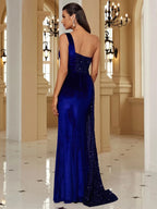Women’s Black Glamorous Velvet Sequin One-Shoulder Sleeveless Regular Maxi Prom Dress with High Slit