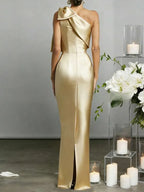 Women’s Burgundy Elegant Satin One Shoulder Sleeveless Mermaid Maxi Dress with Oversized Bow Detail
