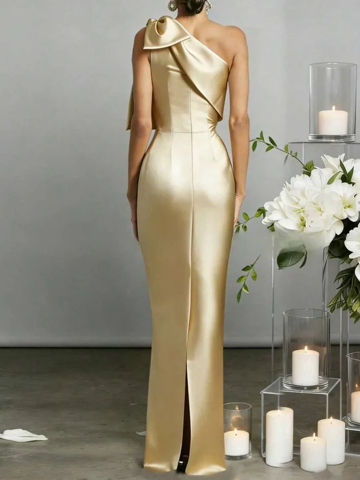 Women’s Burgundy Elegant Satin One Shoulder Sleeveless Mermaid Maxi Dress with Oversized Bow Detail