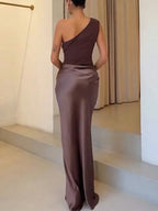 Women’s Purple Elegant Satin One Shoulder Sleeveless Column Maxi Dress with Draped Waist
