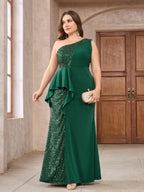 Women’s Emerald Green Elegant Sequin One Shoulder Sleeveless Mermaid Maxi Dress with Asymmetric Ruffle and Colorblock Detail