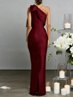 Women’s Burgundy Elegant Satin One Shoulder Sleeveless Mermaid Maxi Dress with Oversized Bow Detail