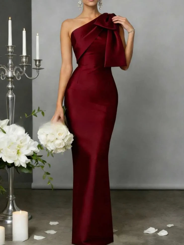 Women’s Burgundy Elegant Satin One Shoulder Sleeveless Mermaid Maxi Dress with Oversized Bow Detail