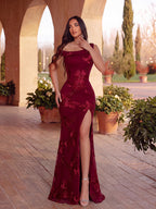 Women's Romantic Burgundy Floral Embroidered One Shoulder Slit Mermaid Maxi Evening Dress