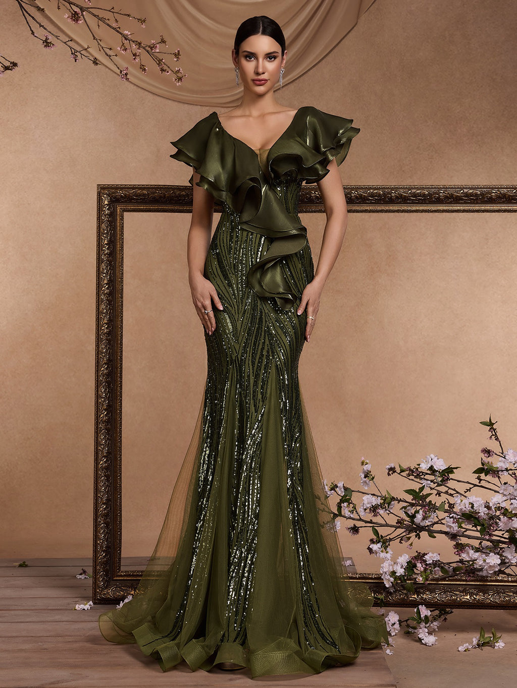 Women’s Olive Green Elegant Sequin V-Neck Short Ruffle Sleeve Mermaid Maxi Dress with Cascading Ruffle Detail