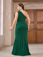 Women’s Emerald Green Elegant Sequin One Shoulder Sleeveless Mermaid Maxi Dress with Asymmetric Ruffle and Colorblock Detail