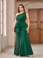 Women’s Emerald Green Elegant Sequin One Shoulder Sleeveless Mermaid Maxi Dress with Asymmetric Ruffle and Colorblock Detail
