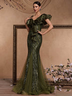 Women’s Olive Green Elegant Sequin V-Neck Short Ruffle Sleeve Mermaid Maxi Dress with Cascading Ruffle Detail