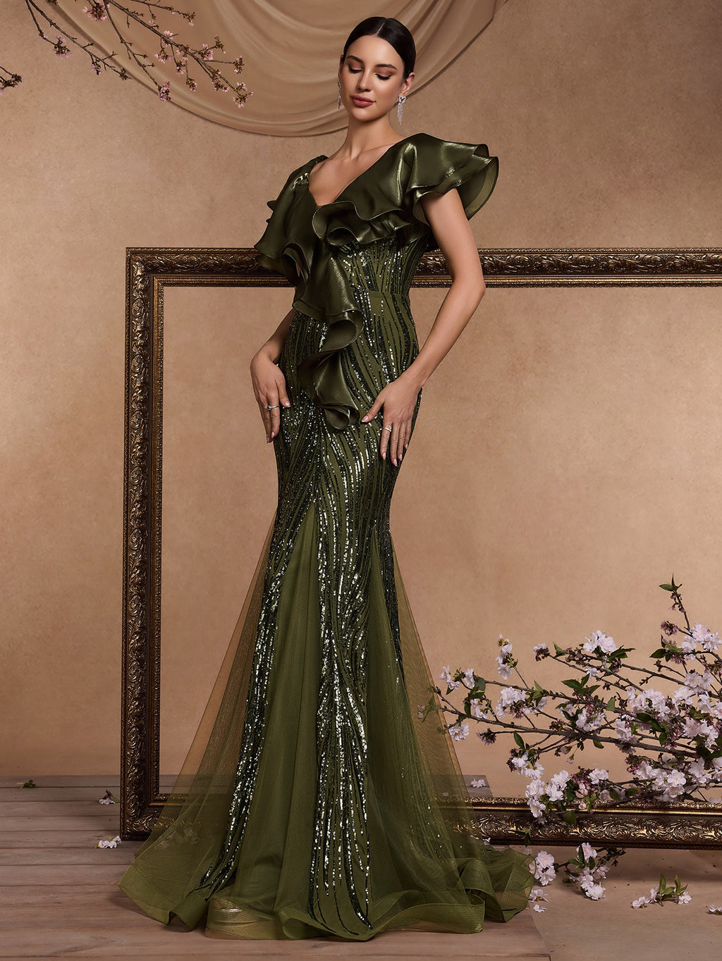 Women’s Olive Green Elegant Sequin V-Neck Short Ruffle Sleeve Mermaid Maxi Dress with Cascading Ruffle Detail