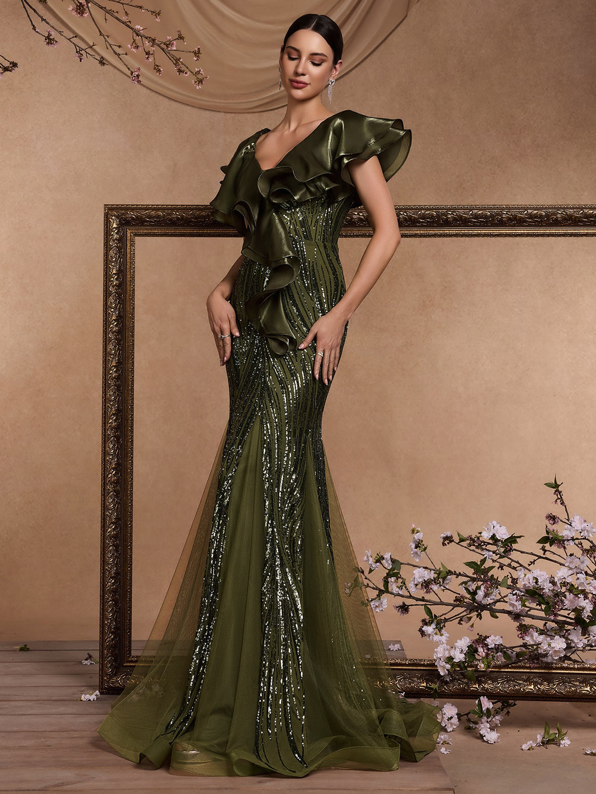 Women’s Olive Green Elegant Sequin V-Neck Short Ruffle Sleeve Mermaid Maxi Dress with Cascading Ruffle Detail