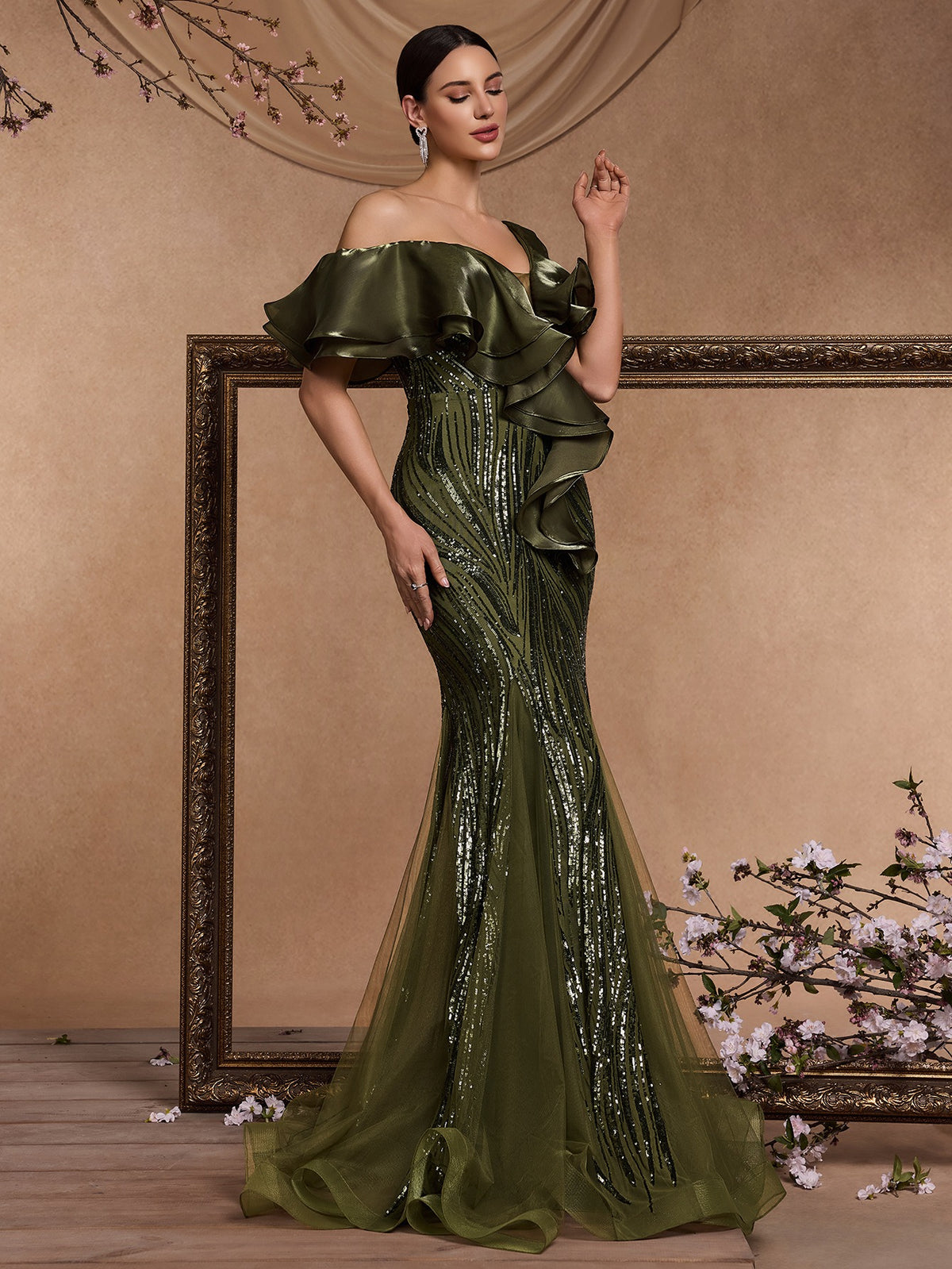 Women’s Olive Green Elegant Sequin V-Neck Short Ruffle Sleeve Mermaid Maxi Dress with Cascading Ruffle Detail