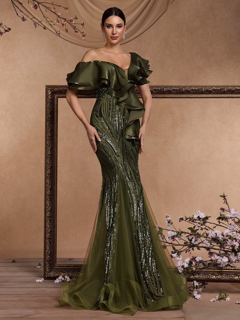 Women’s Olive Green Elegant Sequin V-Neck Short Ruffle Sleeve Mermaid Maxi Dress with Cascading Ruffle Detail