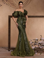 Women’s Olive Green Elegant Sequin V-Neck Short Ruffle Sleeve Mermaid Maxi Dress with Cascading Ruffle Detail