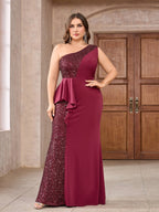 Women’s Emerald Green Elegant Sequin One Shoulder Sleeveless Mermaid Maxi Dress with Asymmetric Ruffle and Colorblock Detail