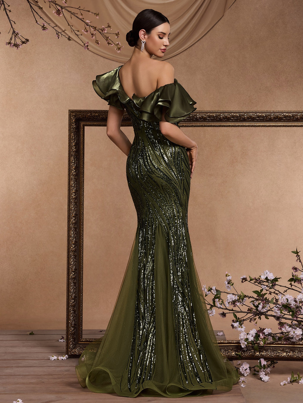 Women’s Olive Green Elegant Sequin V-Neck Short Ruffle Sleeve Mermaid Maxi Dress with Cascading Ruffle Detail