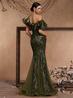 Women’s Olive Green Elegant Sequin V-Neck Short Ruffle Sleeve Mermaid Maxi Dress with Cascading Ruffle Detail