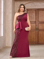 Women’s Emerald Green Elegant Sequin One Shoulder Sleeveless Mermaid Maxi Dress with Asymmetric Ruffle and Colorblock Detail