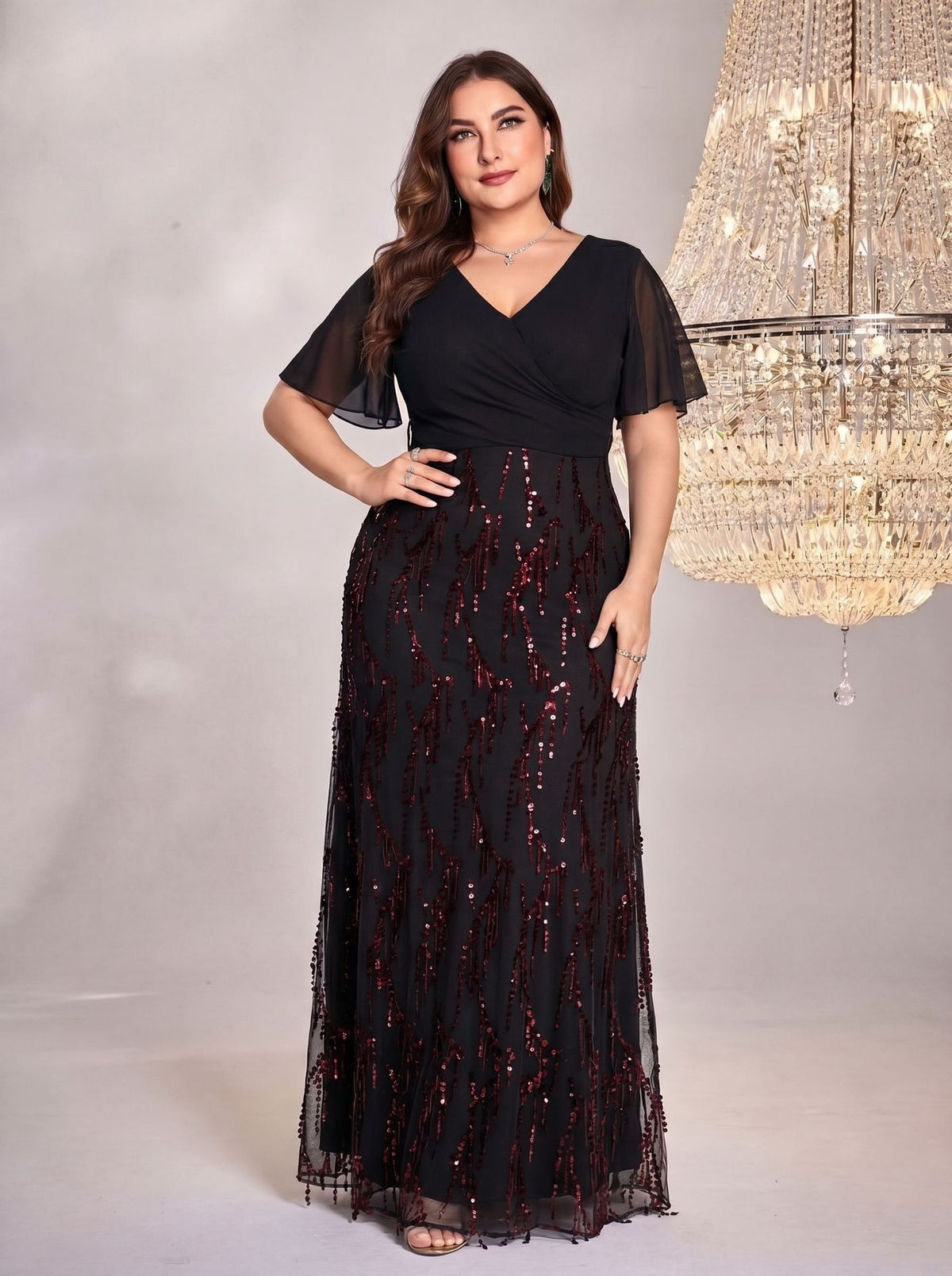 Women's Plus Size Burgundy Sequin V-Neck Flutter Sleeve A-Line Maxi Evening Dress