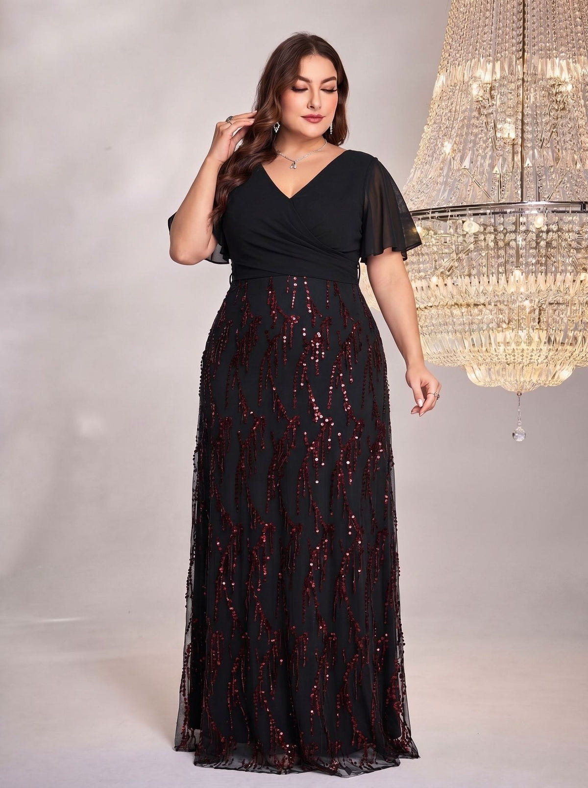 Women's Plus Size Burgundy Sequin V-Neck Flutter Sleeve A-Line Maxi Evening Dress