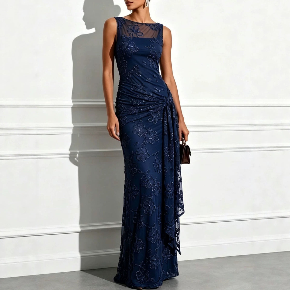 Women’s Emerald Green Elegant Sequin One Shoulder Sleeveless Mermaid Maxi Dress with Asymmetric Ruffle and Colorblock Detail