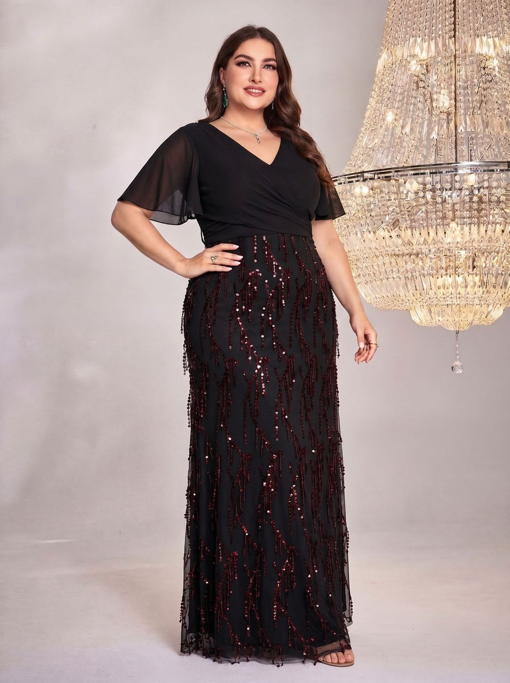 Women's Plus Size Burgundy Sequin V-Neck Flutter Sleeve A-Line Maxi Evening Dress