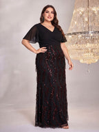 Women's Plus Size Burgundy Sequin V-Neck Flutter Sleeve A-Line Maxi Evening Dress