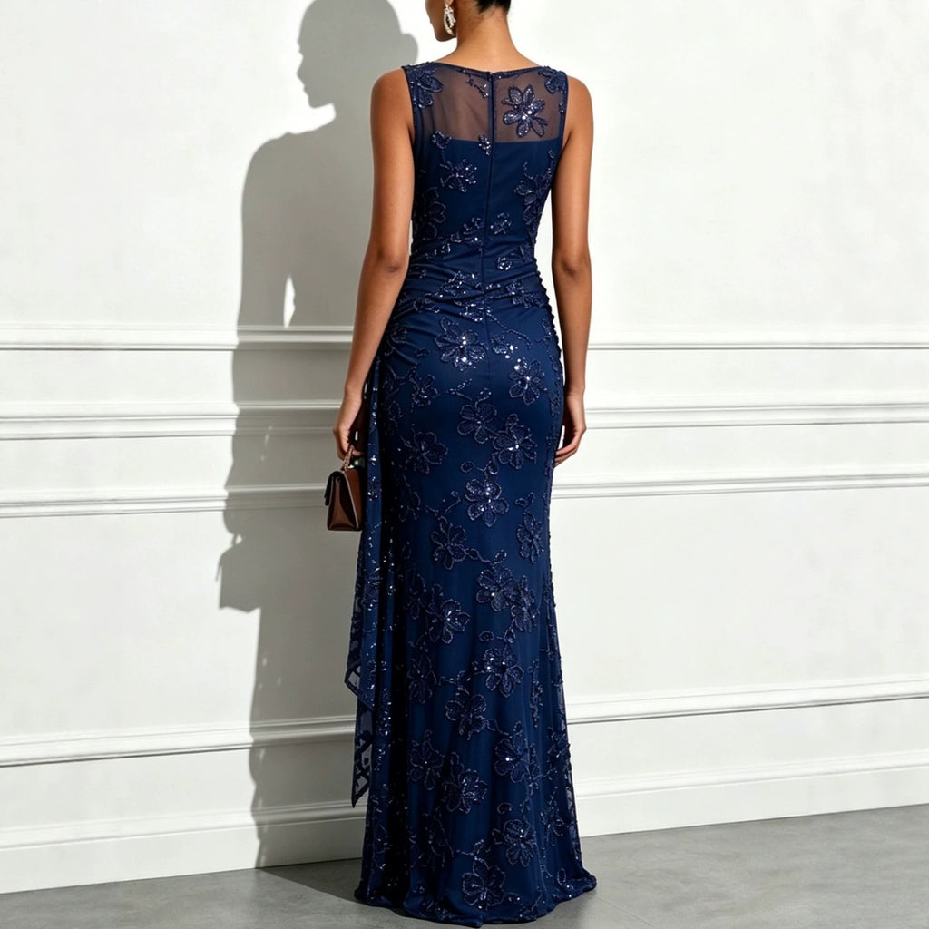 Women’s Emerald Green Elegant Sequin One Shoulder Sleeveless Mermaid Maxi Dress with Asymmetric Ruffle and Colorblock Detail