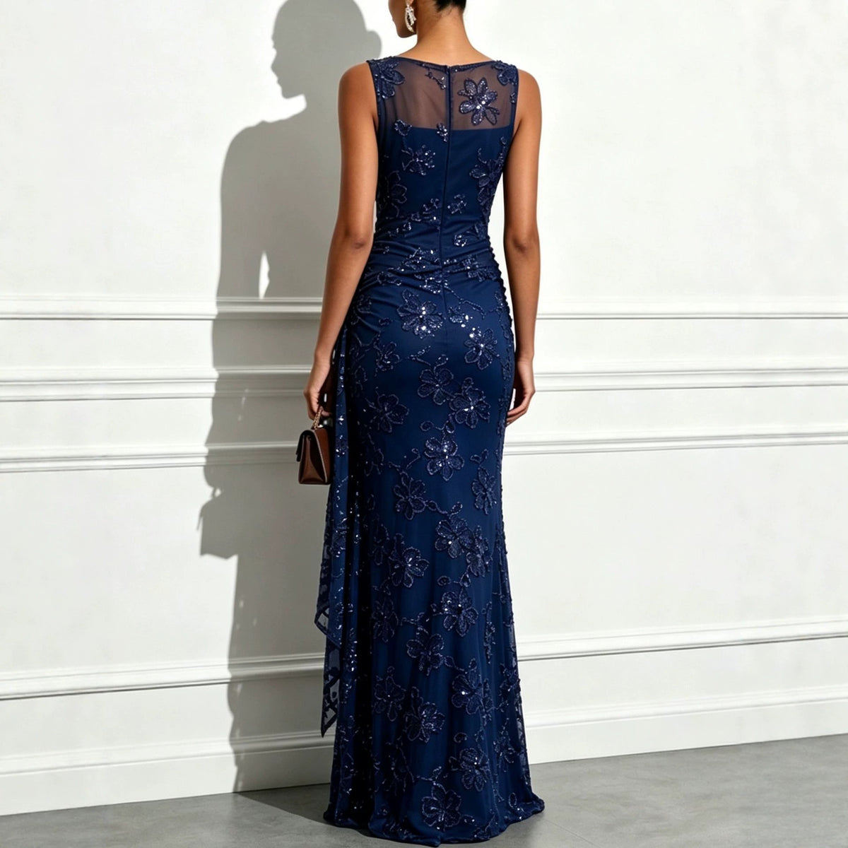 Women’s Emerald Green Elegant Sequin One Shoulder Sleeveless Mermaid Maxi Dress with Asymmetric Ruffle and Colorblock Detail